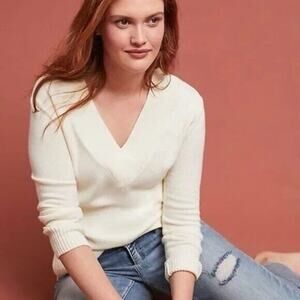 By Anthropologie XS Sweater Tunic Galizia V-Neck Knit Ivory Oversized Women's